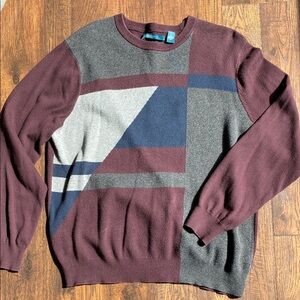 Perry Ellis Burgundy and Gray Geometric Crewneck Sweater